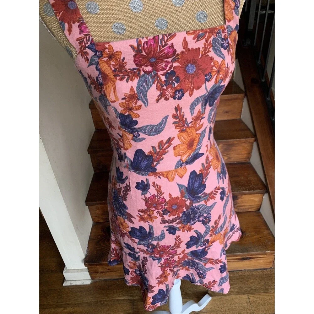 Finders Keepers Floral Twee Mini Dress Pink Linen Blend Square Neck Small Summer - Picture 12 of 16